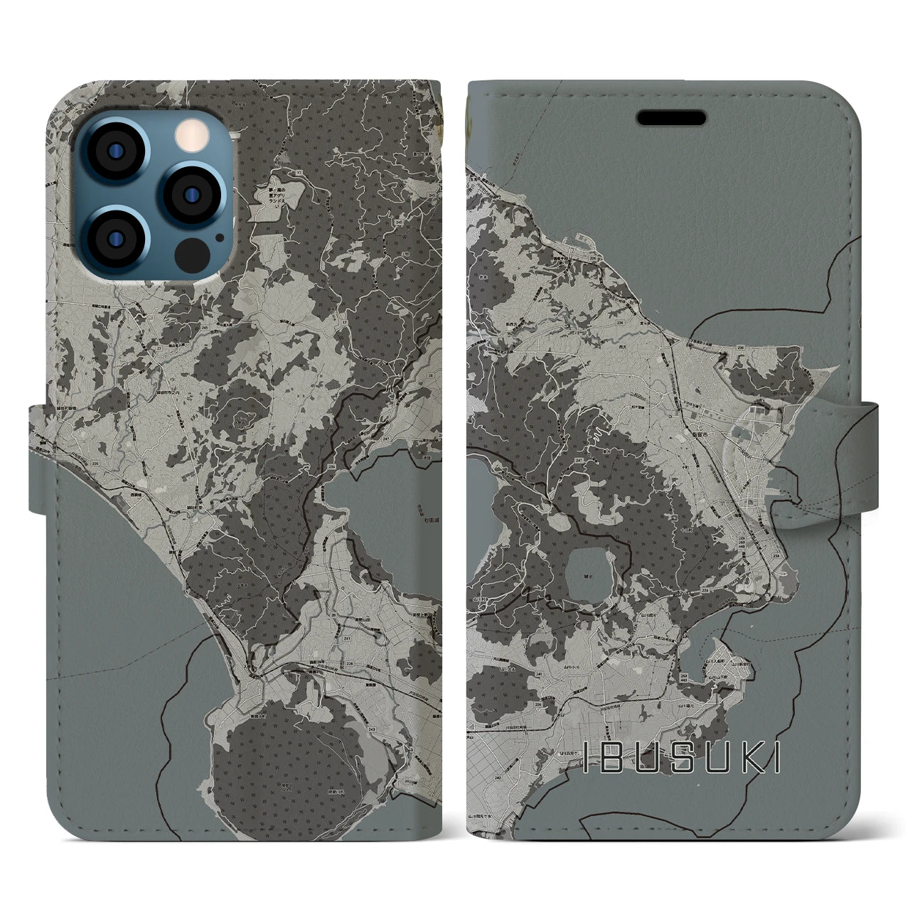 【指宿(鹿児島県)】地図柄iPhoneケース(手帳タイプ)モノトーン・iPhone 12 / 12 Pro 用