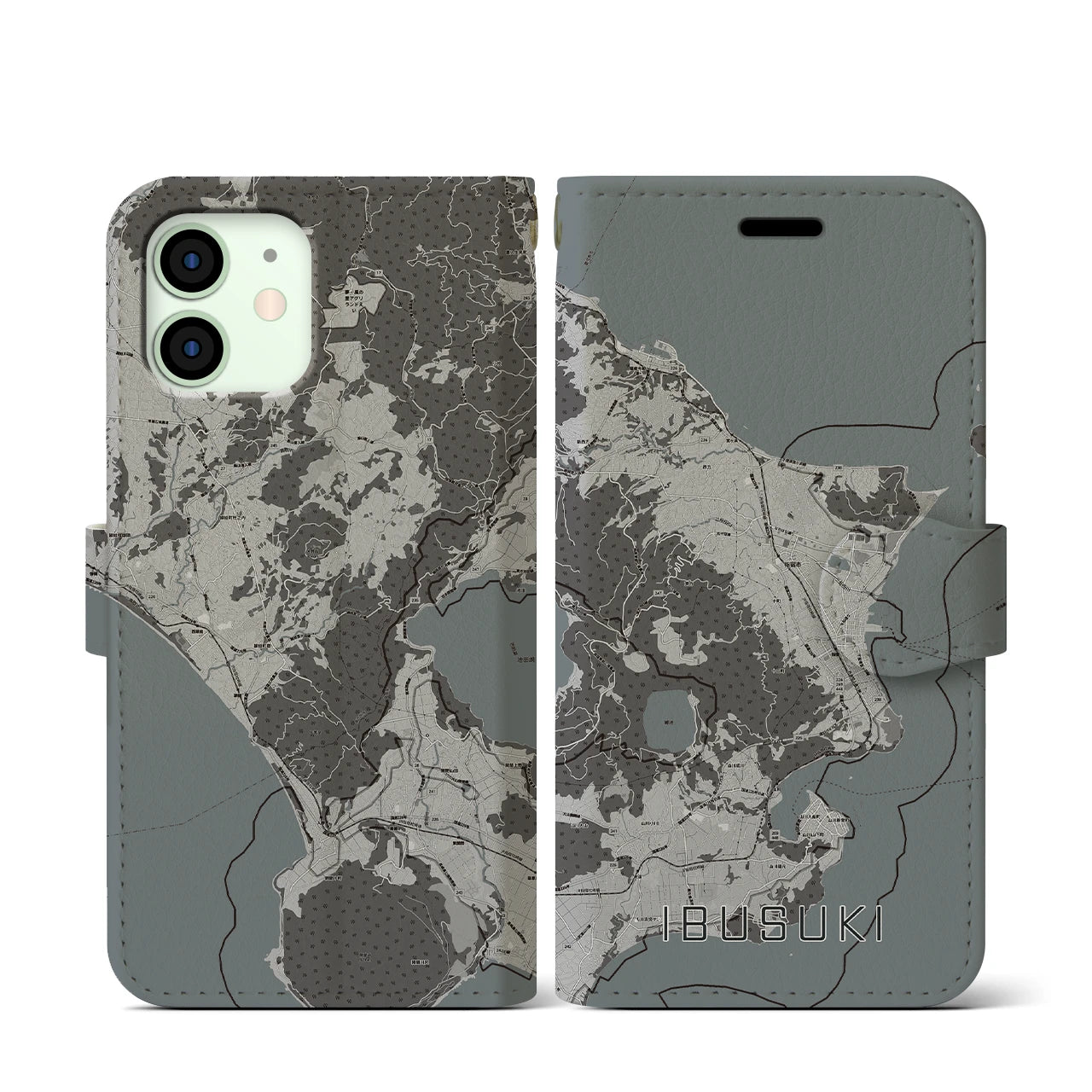 【指宿(鹿児島県)】地図柄iPhoneケース(手帳タイプ)モノトーン・iPhone 12 mini 用