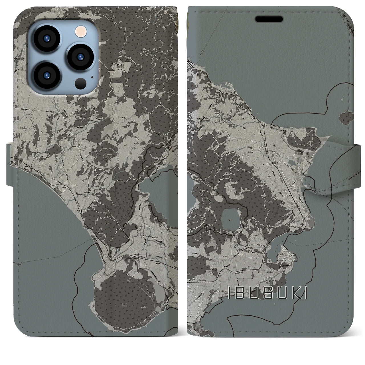【指宿(鹿児島県)】地図柄iPhoneケース(手帳タイプ)モノトーン・iPhone 13 Pro Max 用