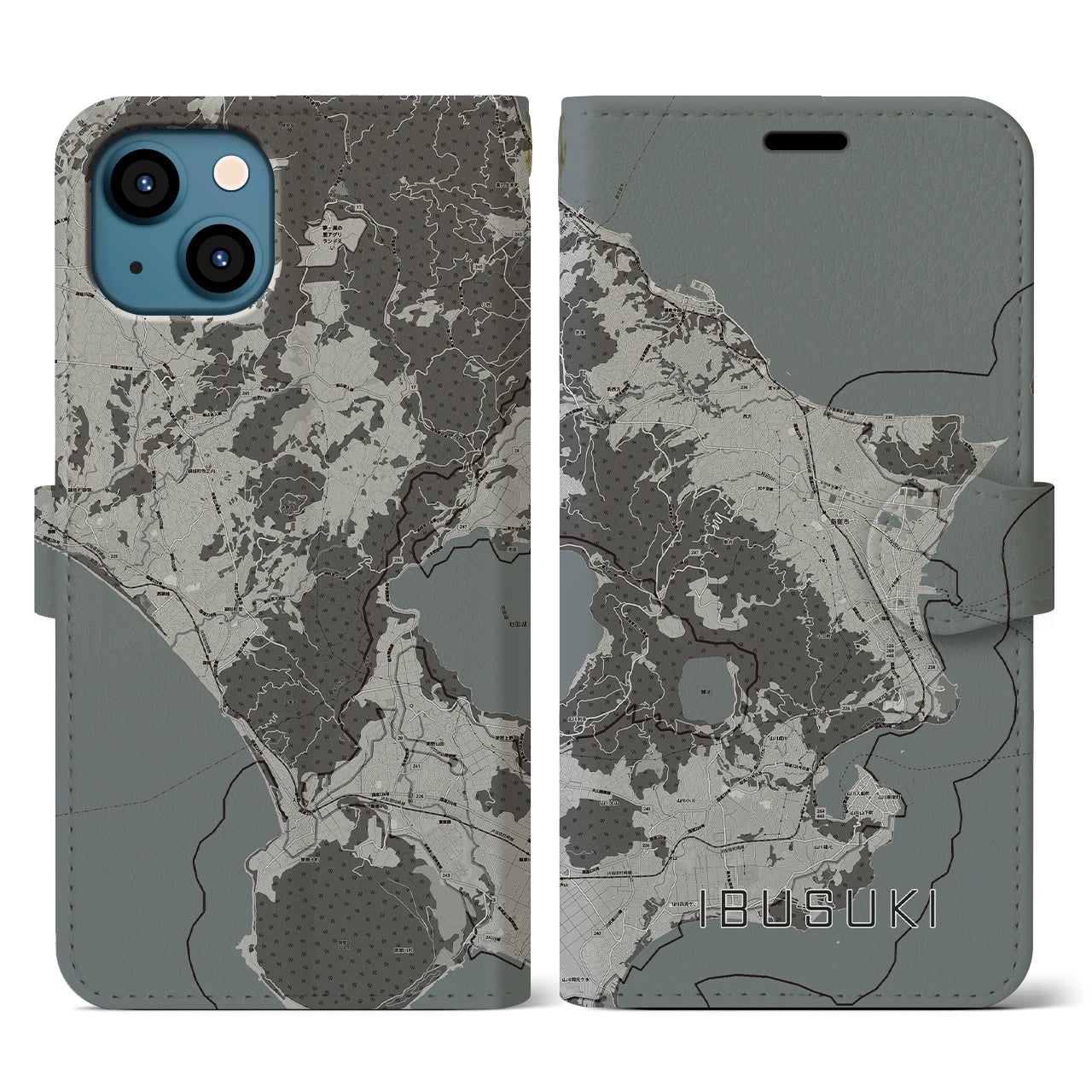 【指宿(鹿児島県)】地図柄iPhoneケース(手帳タイプ)モノトーン・iPhone 13 用
