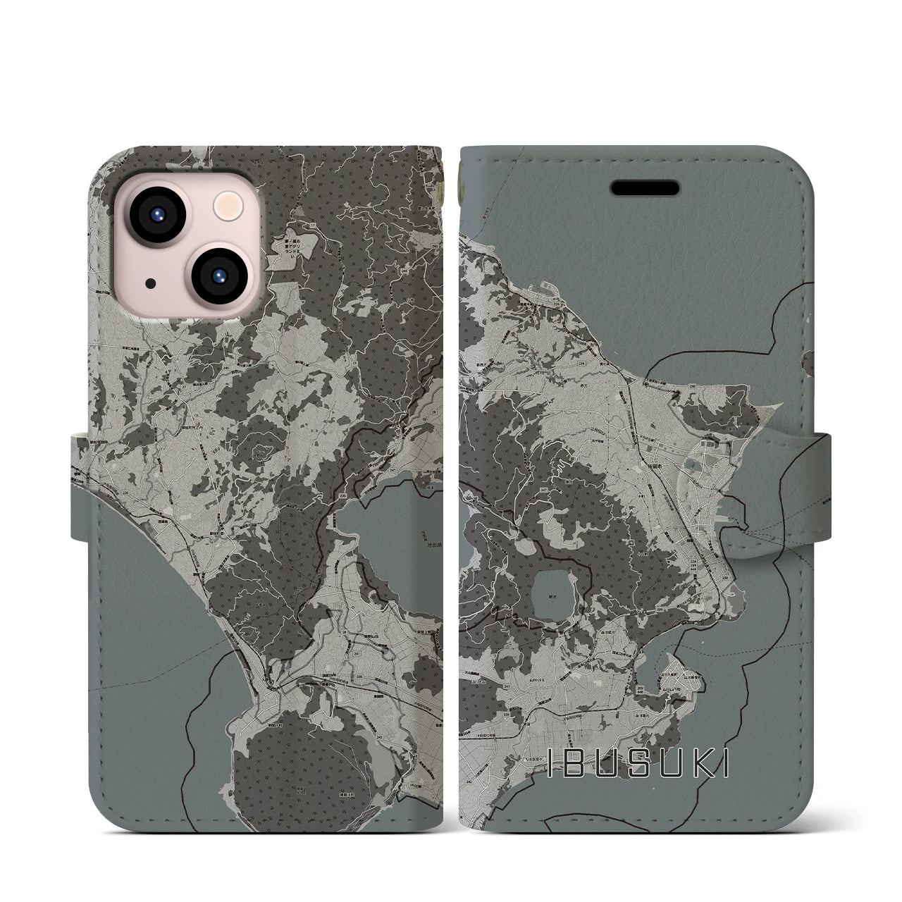 【指宿(鹿児島県)】地図柄iPhoneケース(手帳タイプ)モノトーン・iPhone 13 mini 用