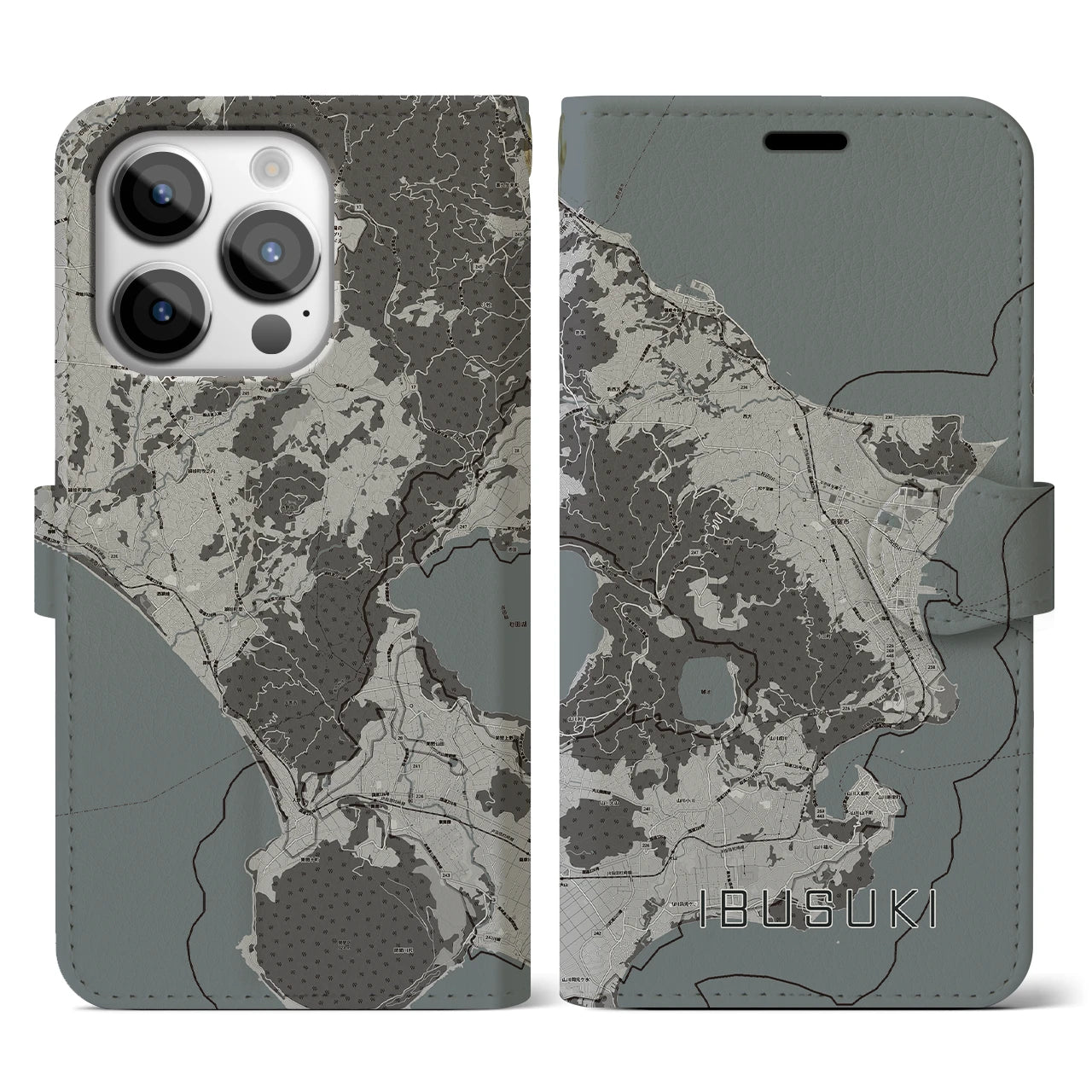 【指宿(鹿児島県)】地図柄iPhoneケース(手帳タイプ)モノトーン・iPhone 14 Pro 用