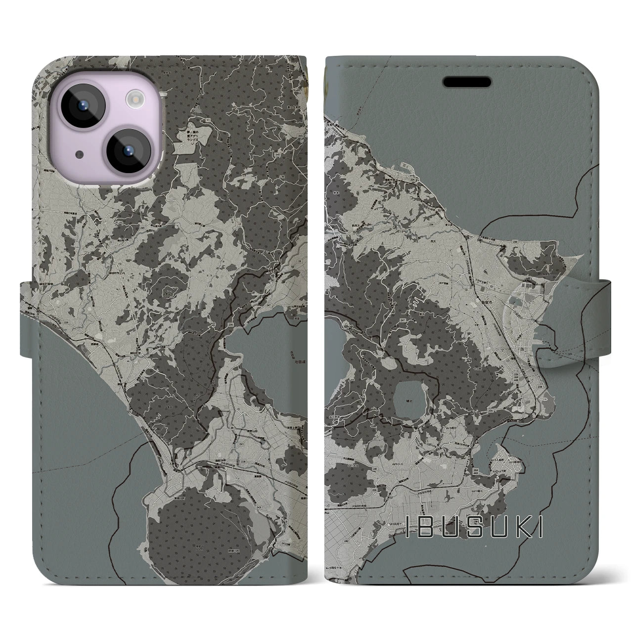 【指宿(鹿児島県)】地図柄iPhoneケース(手帳タイプ)モノトーン・iPhone 14 用