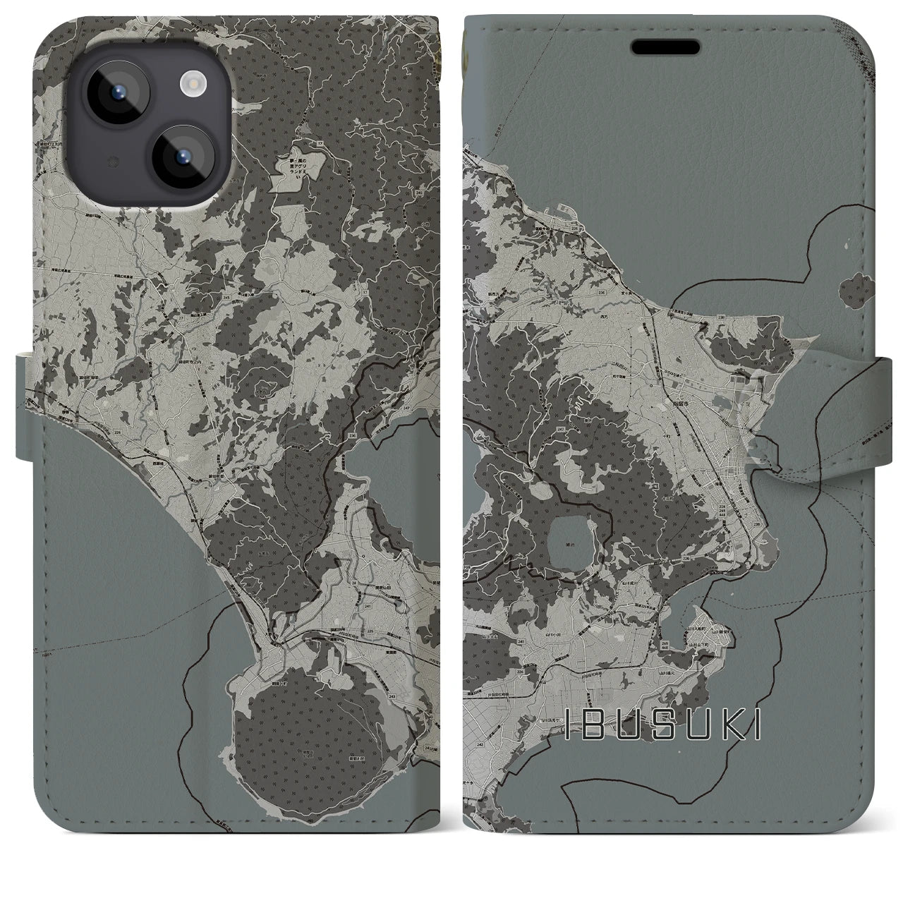 【指宿(鹿児島県)】地図柄iPhoneケース(手帳タイプ)モノトーン・iPhone 14 Plus 用