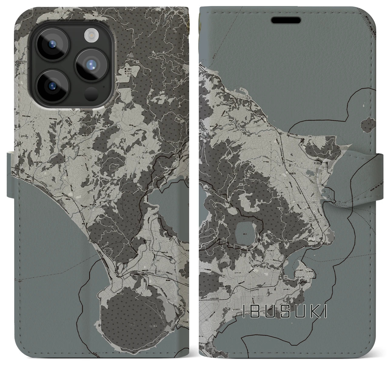 【指宿(鹿児島県)】地図柄iPhoneケース(手帳タイプ)モノトーン・iPhone 15 Pro Max 用
