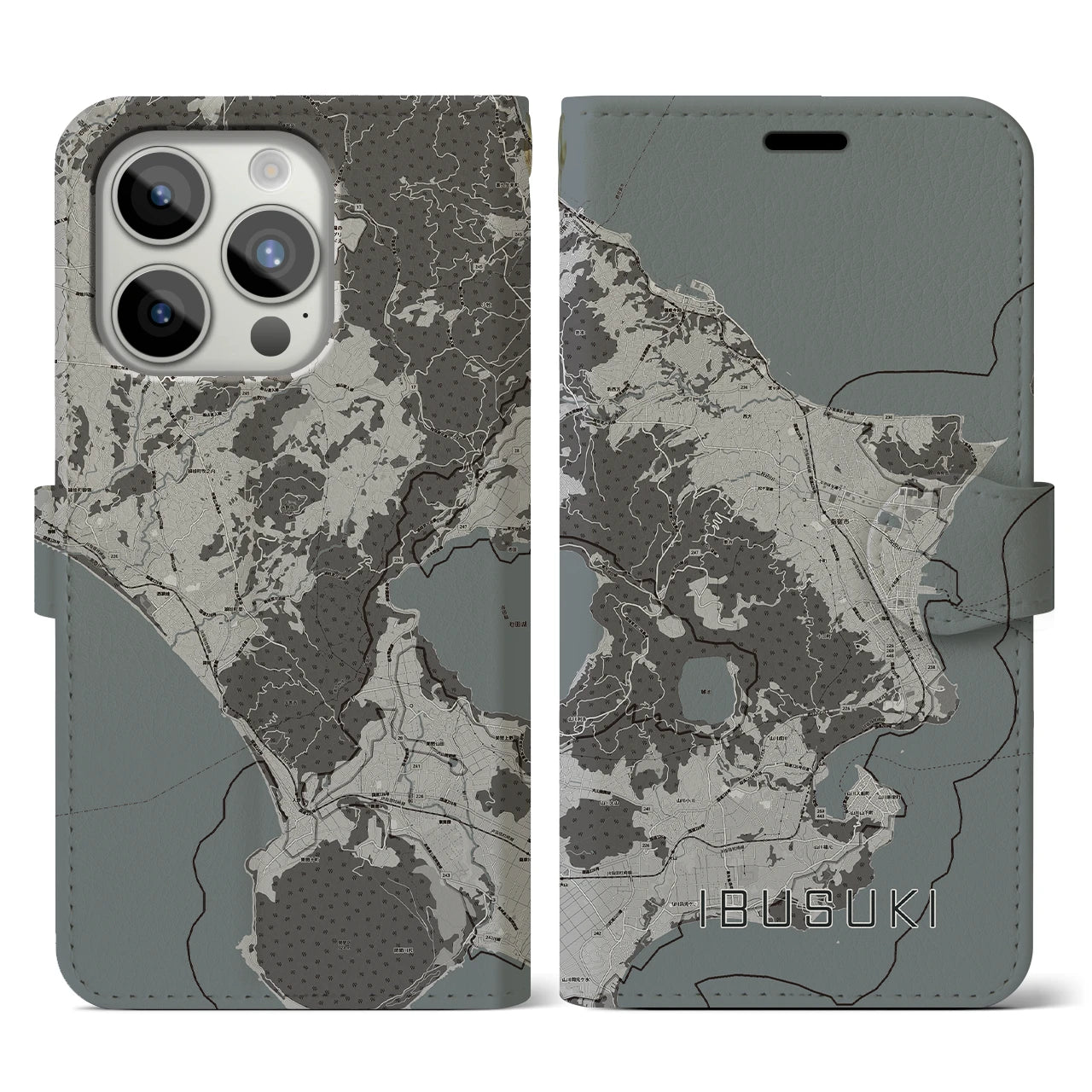 【指宿(鹿児島県)】地図柄iPhoneケース(手帳タイプ)モノトーン・iPhone 15 Pro 用