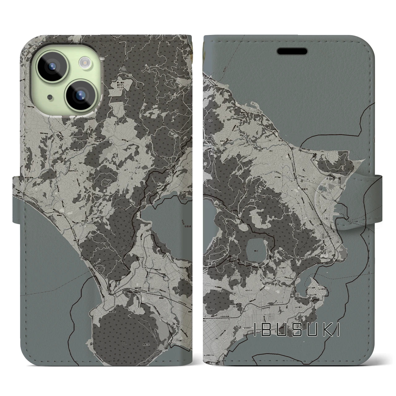 【指宿(鹿児島県)】地図柄iPhoneケース(手帳タイプ)モノトーン・iPhone 15 用