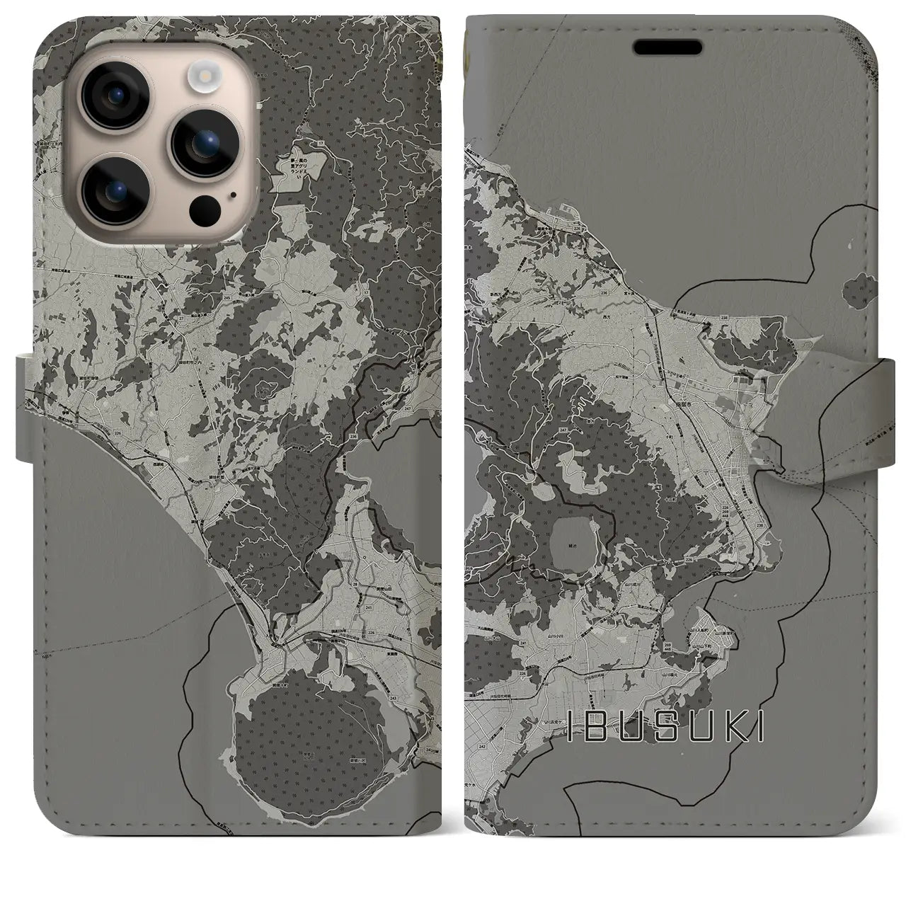 【指宿(鹿児島県)】地図柄iPhoneケース(手帳タイプ)モノトーン・iPhone 16 Plus 用