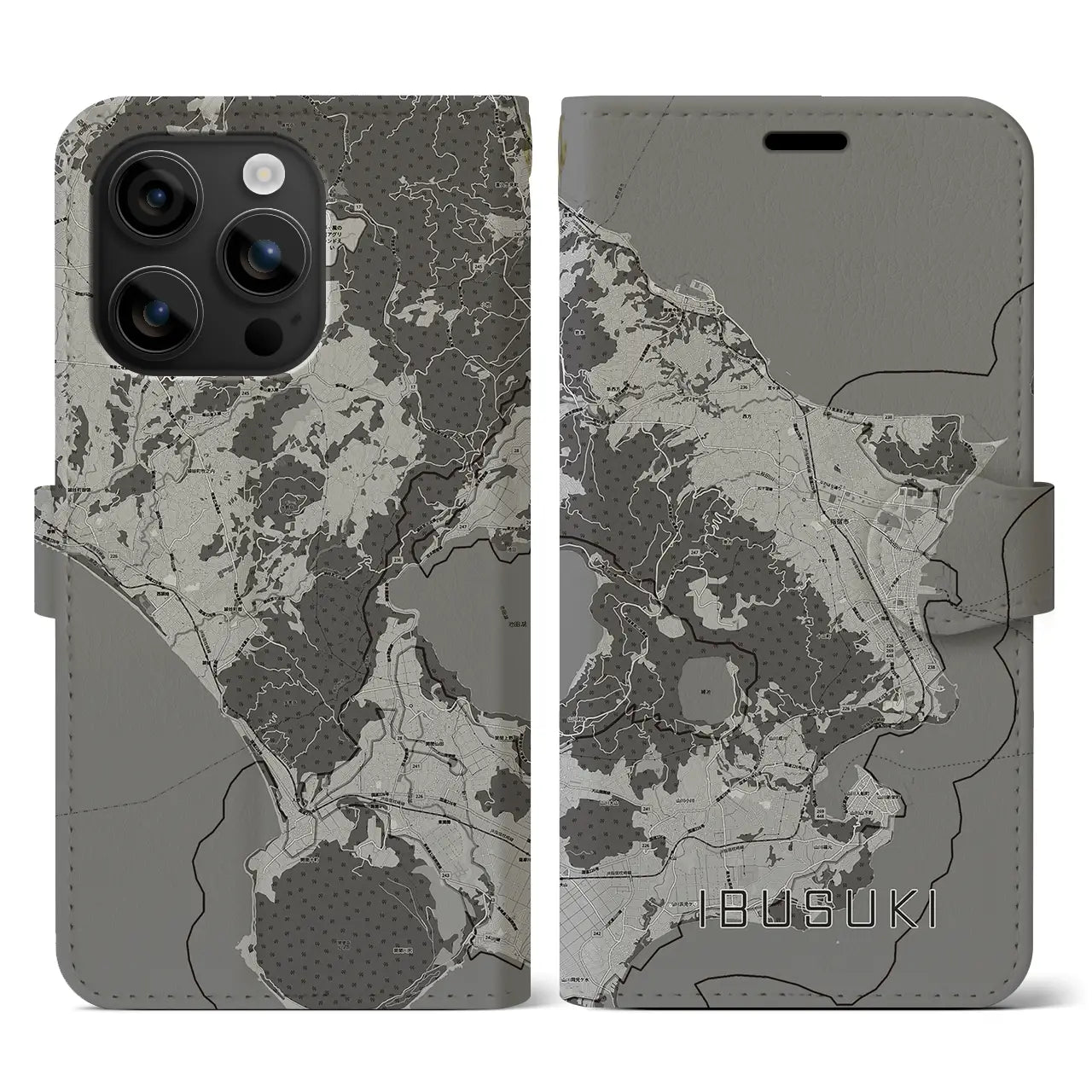 【指宿(鹿児島県)】地図柄iPhoneケース(手帳タイプ)モノトーン・iPhone 16 用