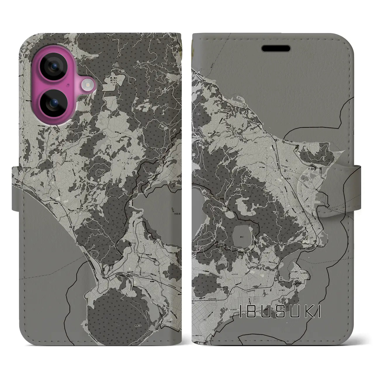 【指宿(鹿児島県)】地図柄iPhoneケース(手帳タイプ)モノトーン・iPhone 16 Pro 用