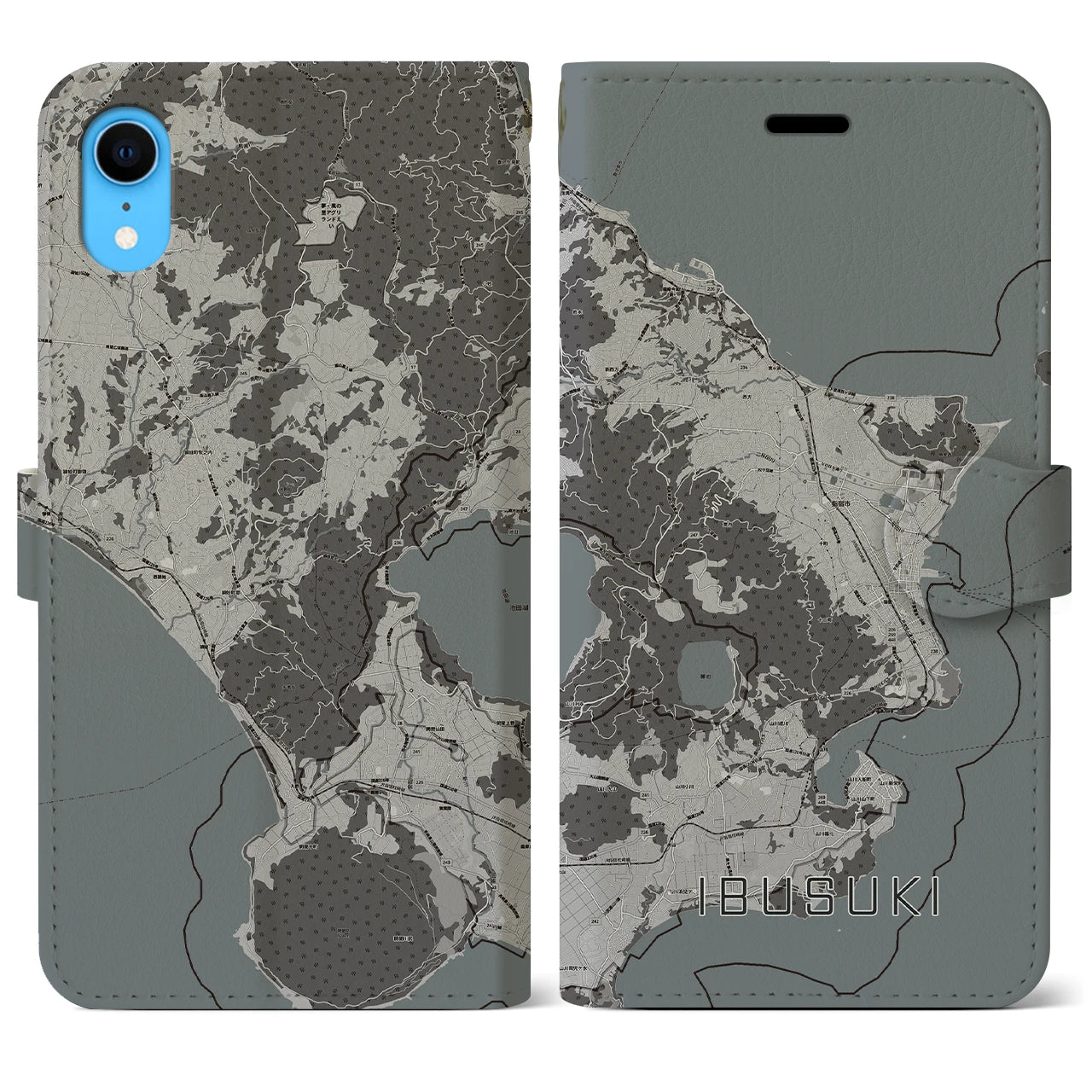 【指宿(鹿児島県)】地図柄iPhoneケース(手帳タイプ)モノトーン・iPhone XR 用