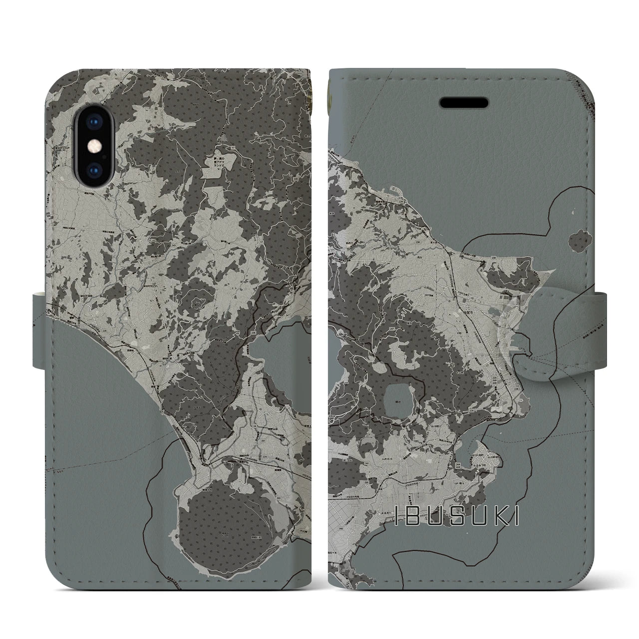 【指宿(鹿児島県)】地図柄iPhoneケース(手帳タイプ)モノトーン・iPhone XS / X 用