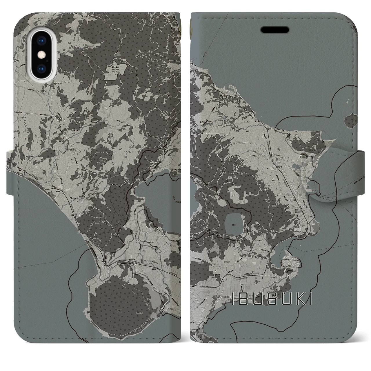 【指宿(鹿児島県)】地図柄iPhoneケース(手帳タイプ)モノトーン・iPhone XS Max 用