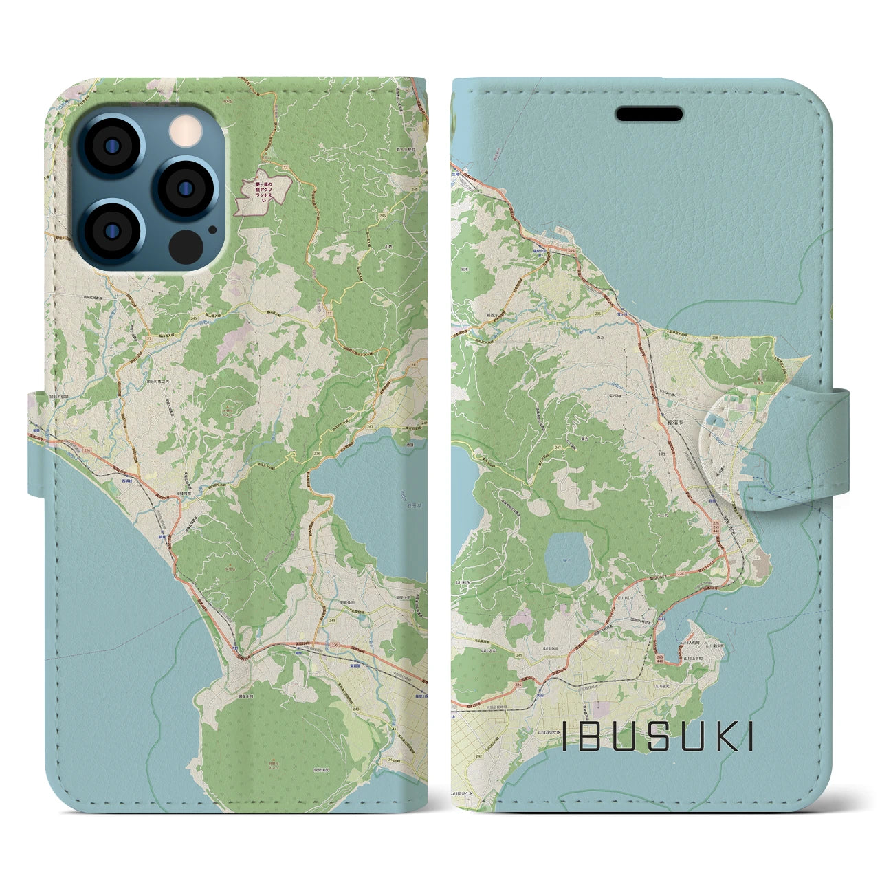 【指宿(鹿児島県)】地図柄iPhoneケース(手帳タイプ)ナチュラル・iPhone 12 / 12 Pro 用