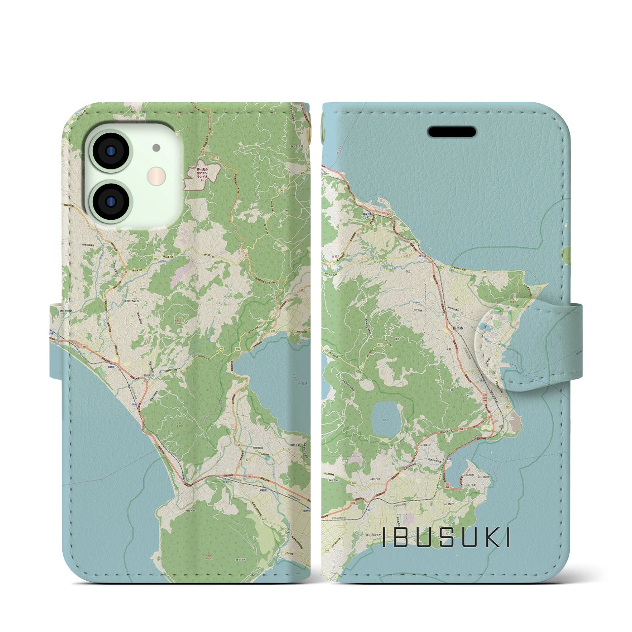 【指宿(鹿児島県)】地図柄iPhoneケース(手帳タイプ)ナチュラル・iPhone 12 mini 用