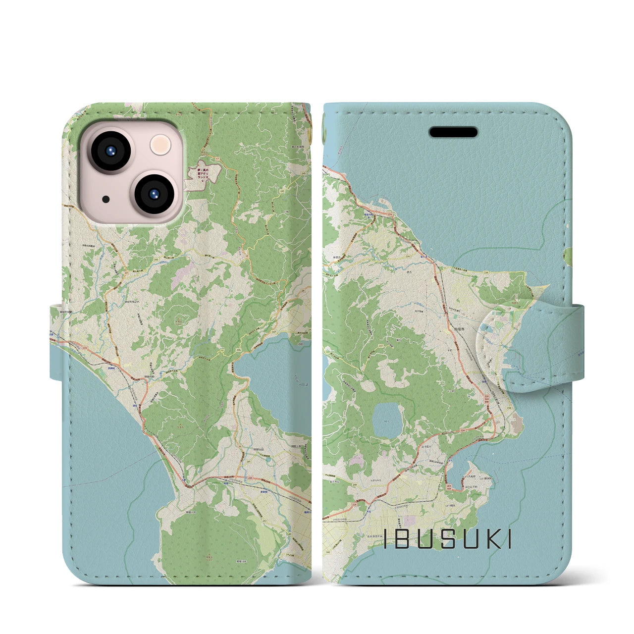 【指宿(鹿児島県)】地図柄iPhoneケース(手帳タイプ)ナチュラル・iPhone 13 mini 用