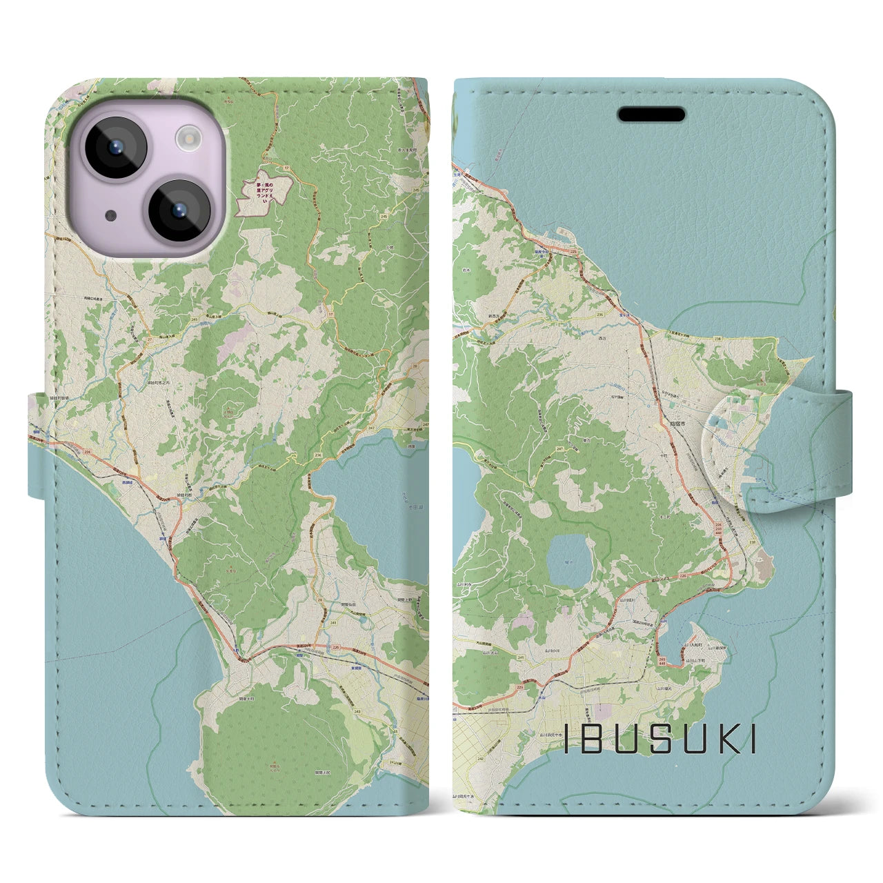 【指宿(鹿児島県)】地図柄iPhoneケース(手帳タイプ)ナチュラル・iPhone 14 用