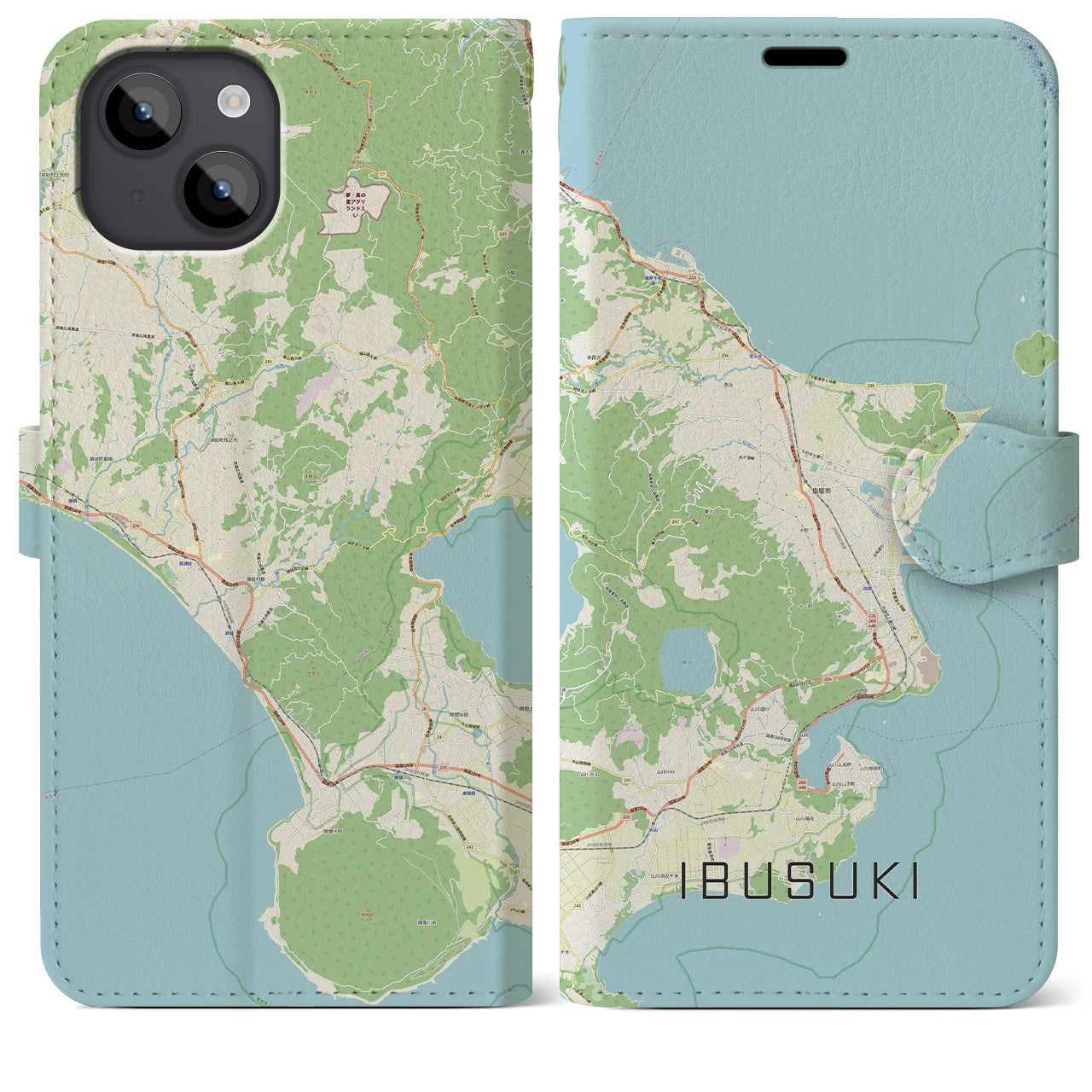 【指宿(鹿児島県)】地図柄iPhoneケース(手帳タイプ)ナチュラル・iPhone 14 Plus 用