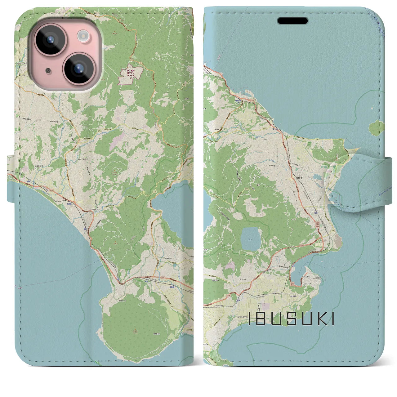 【指宿(鹿児島県)】地図柄iPhoneケース(手帳タイプ)ナチュラル・iPhone 15 Plus 用