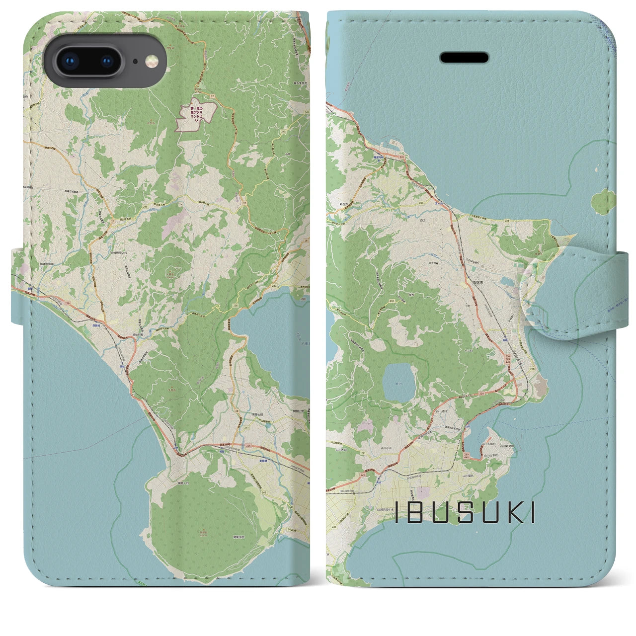 【指宿(鹿児島県)】地図柄iPhoneケース(手帳タイプ)ナチュラル・iPhone 8Plus /7Plus / 6sPlus / 6Plus 用