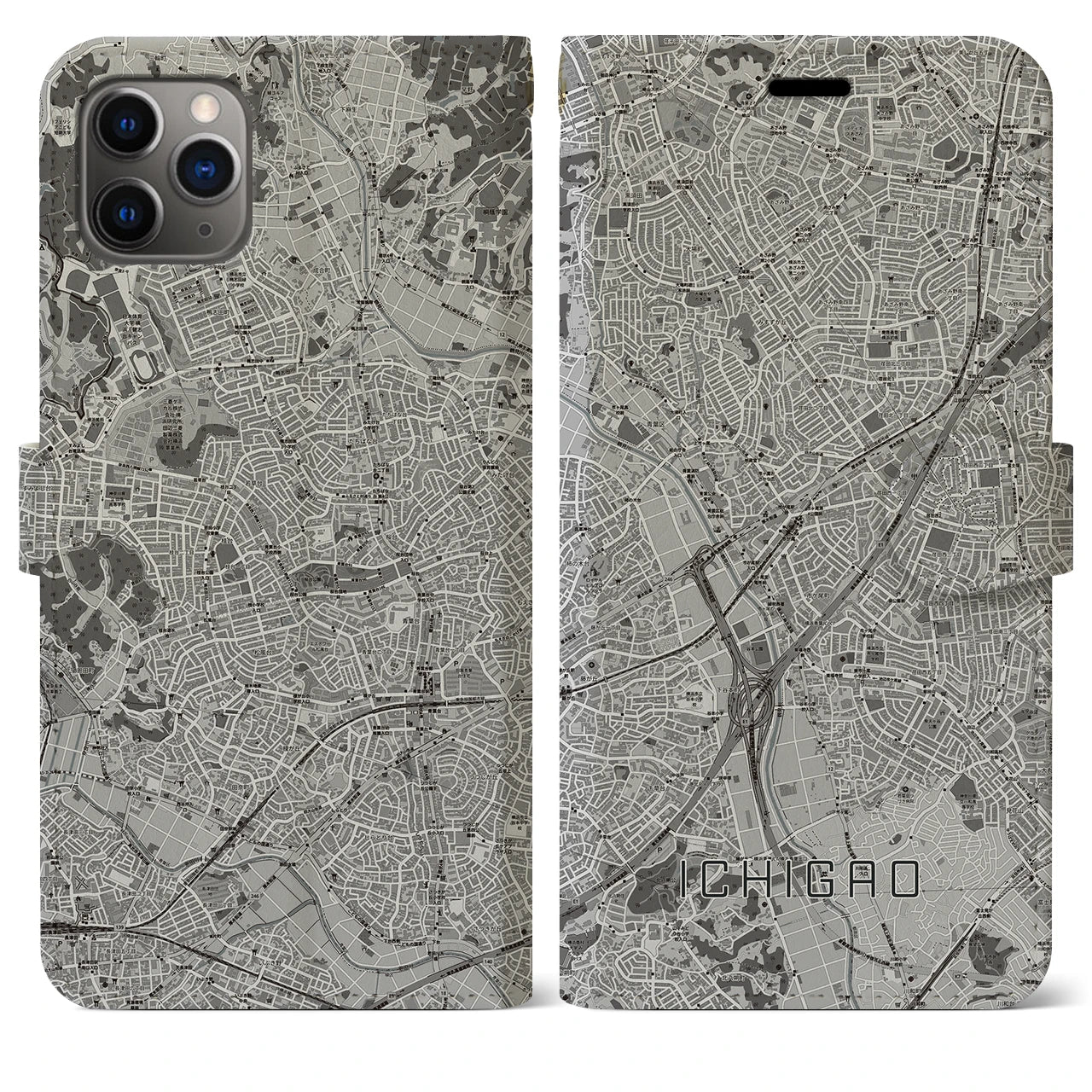 【市が尾(神奈川県)】地図柄iPhoneケース(手帳タイプ)モノトーン・iPhone 11 Pro Max 用