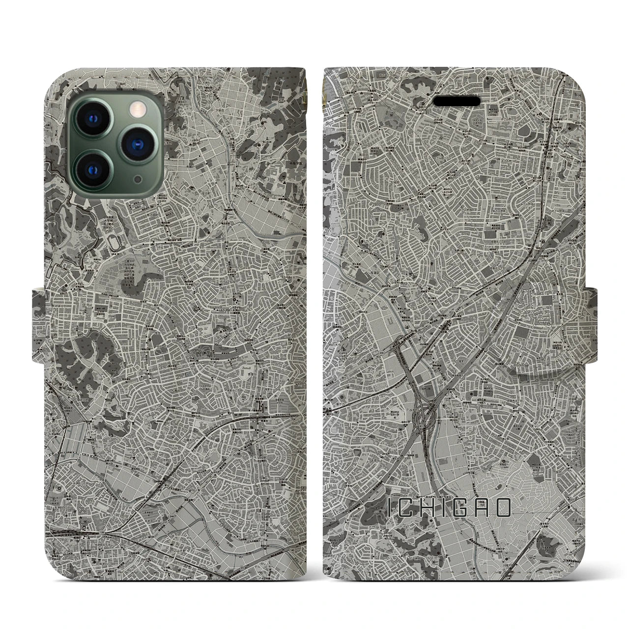 【市が尾(神奈川県)】地図柄iPhoneケース(手帳タイプ)モノトーン・iPhone 11 Pro 用