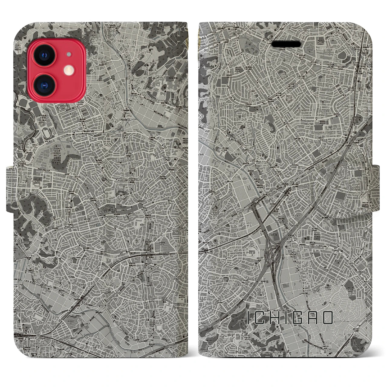 【市が尾(神奈川県)】地図柄iPhoneケース(手帳タイプ)モノトーン・iPhone 11 用