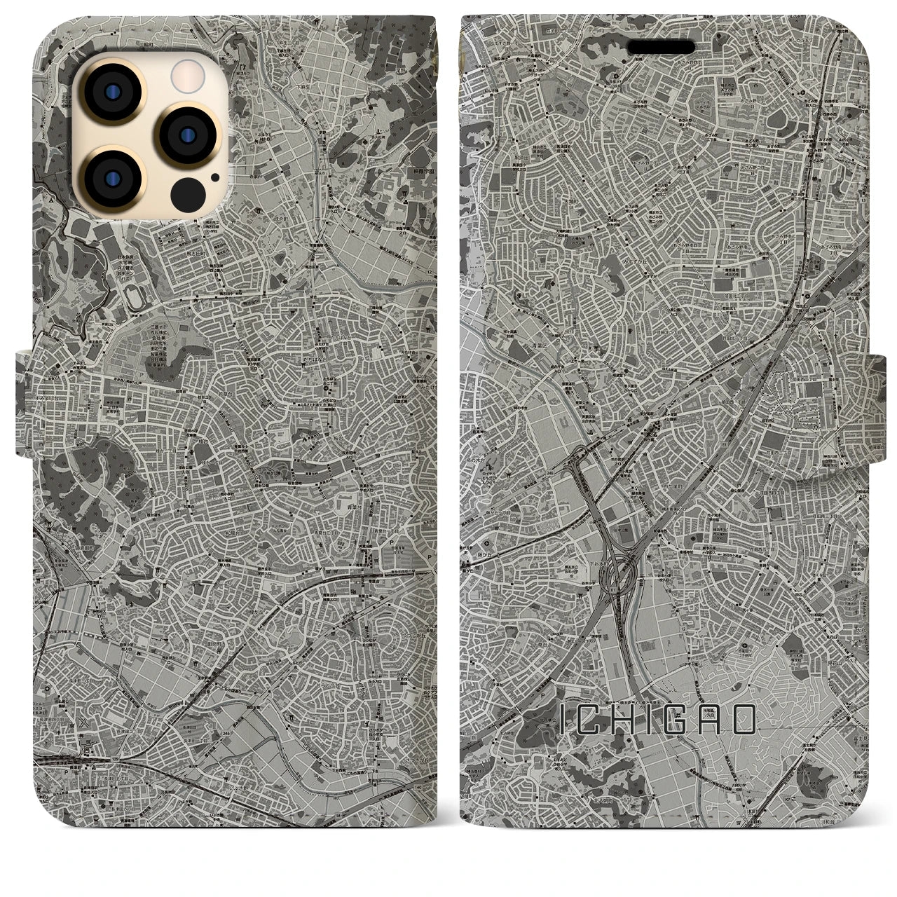 【市が尾(神奈川県)】地図柄iPhoneケース(手帳タイプ)モノトーン・iPhone 12 Pro Max 用