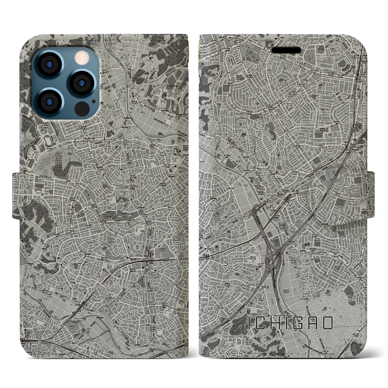 【市が尾(神奈川県)】地図柄iPhoneケース(手帳タイプ)モノトーン・iPhone 12 / 12 Pro 用