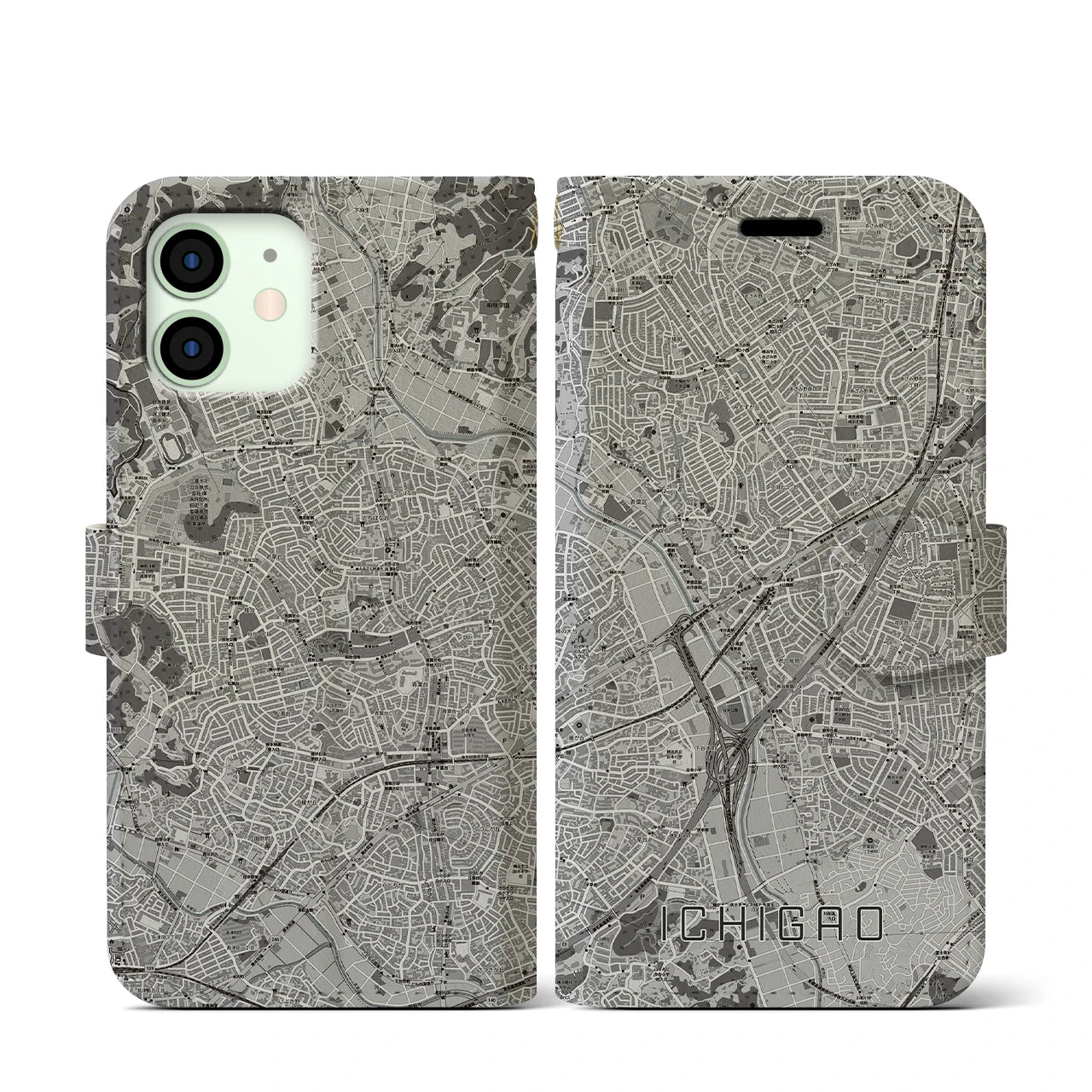 【市が尾(神奈川県)】地図柄iPhoneケース(手帳タイプ)モノトーン・iPhone 12 mini 用