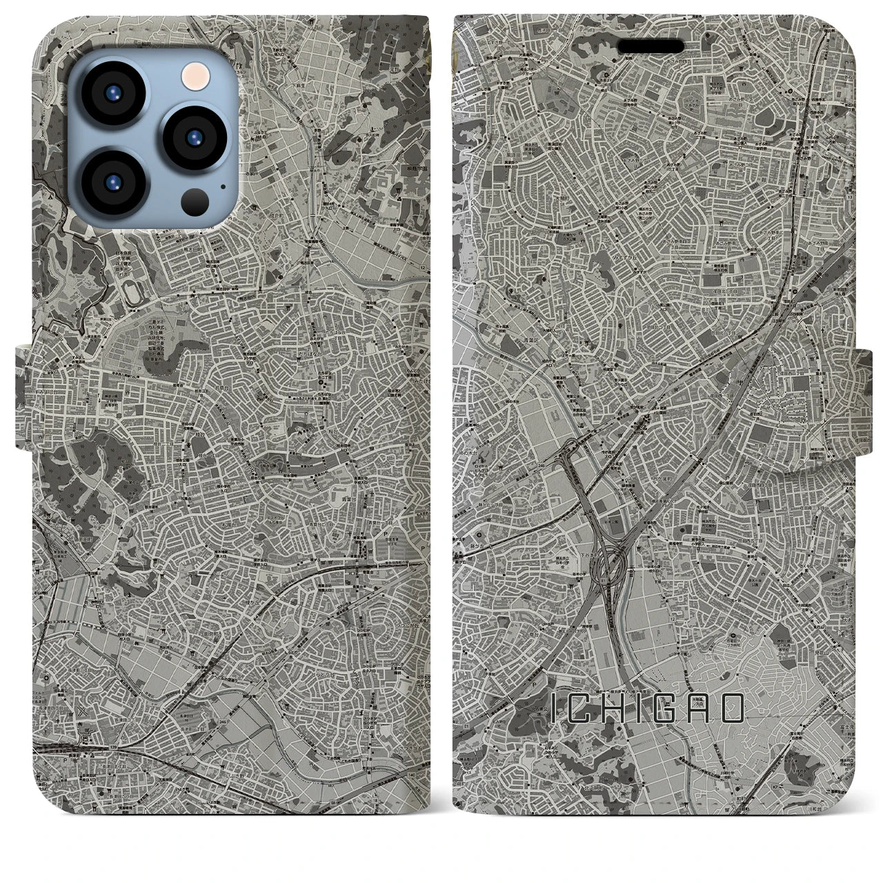 【市が尾(神奈川県)】地図柄iPhoneケース(手帳タイプ)モノトーン・iPhone 13 Pro Max 用