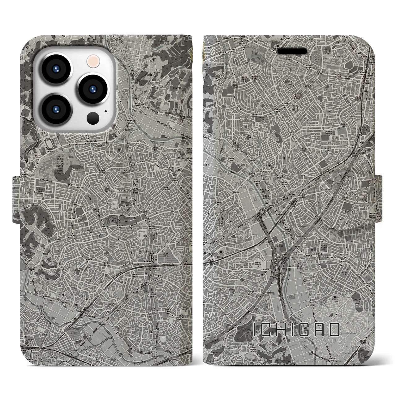 【市が尾(神奈川県)】地図柄iPhoneケース(手帳タイプ)モノトーン・iPhone 13 Pro 用