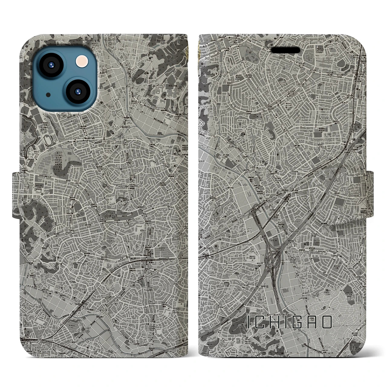 【市が尾(神奈川県)】地図柄iPhoneケース(手帳タイプ)モノトーン・iPhone 13 用