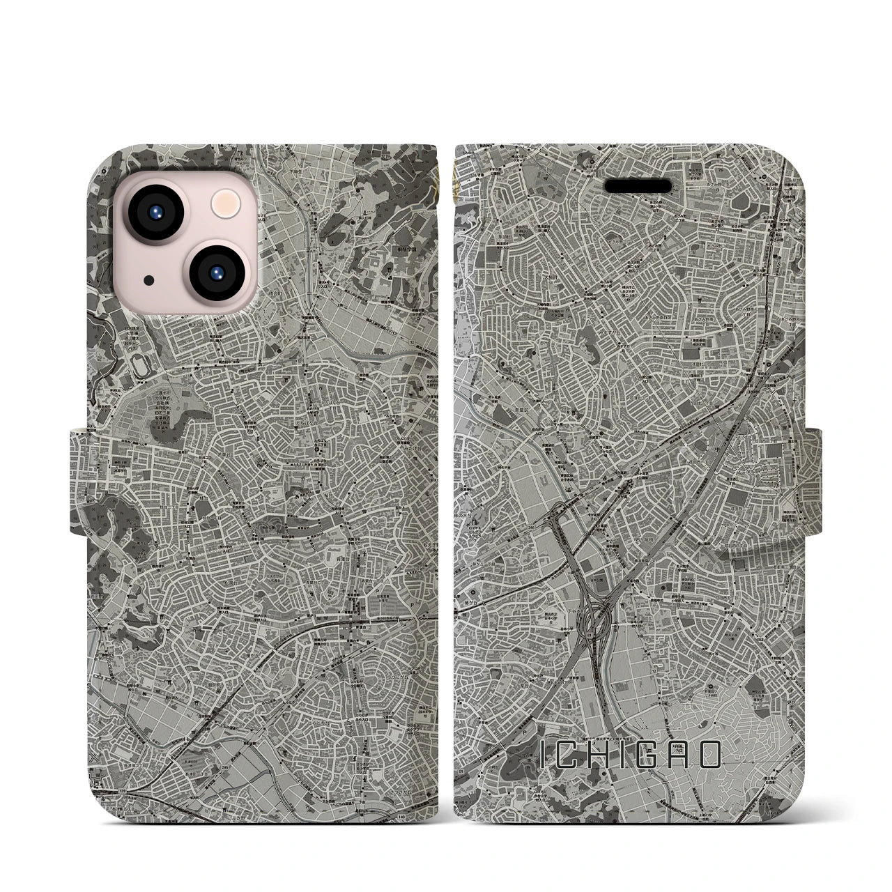 【市が尾(神奈川県)】地図柄iPhoneケース(手帳タイプ)モノトーン・iPhone 13 mini 用