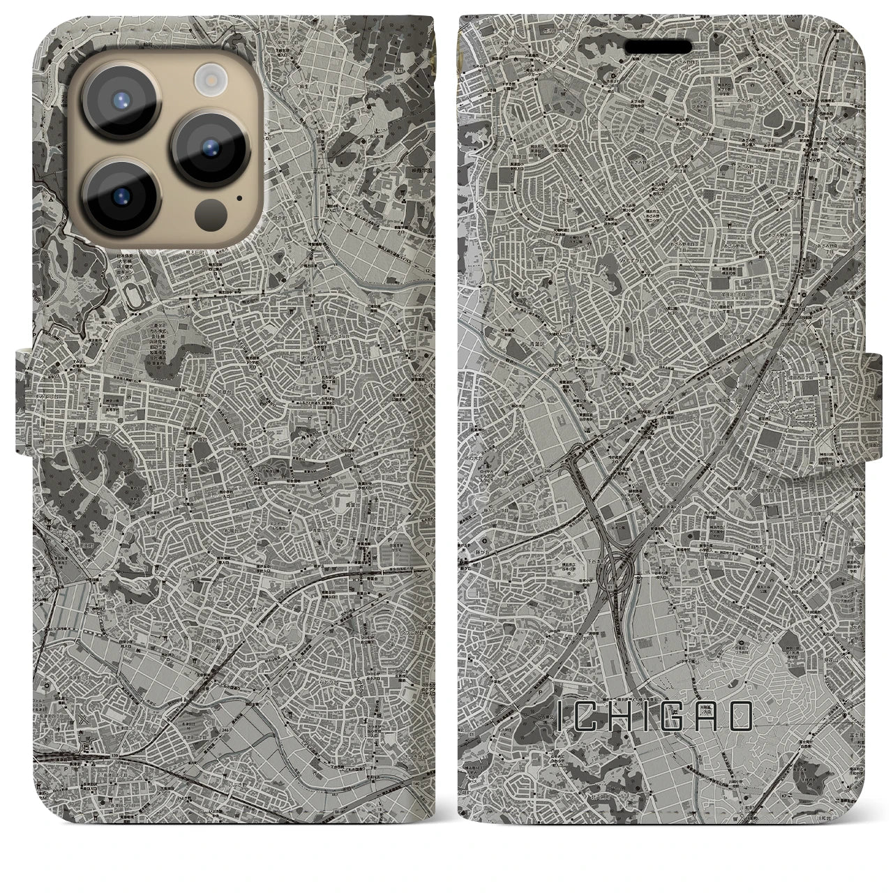 【市が尾(神奈川県)】地図柄iPhoneケース(手帳タイプ)モノトーン・iPhone 14 Pro Max 用