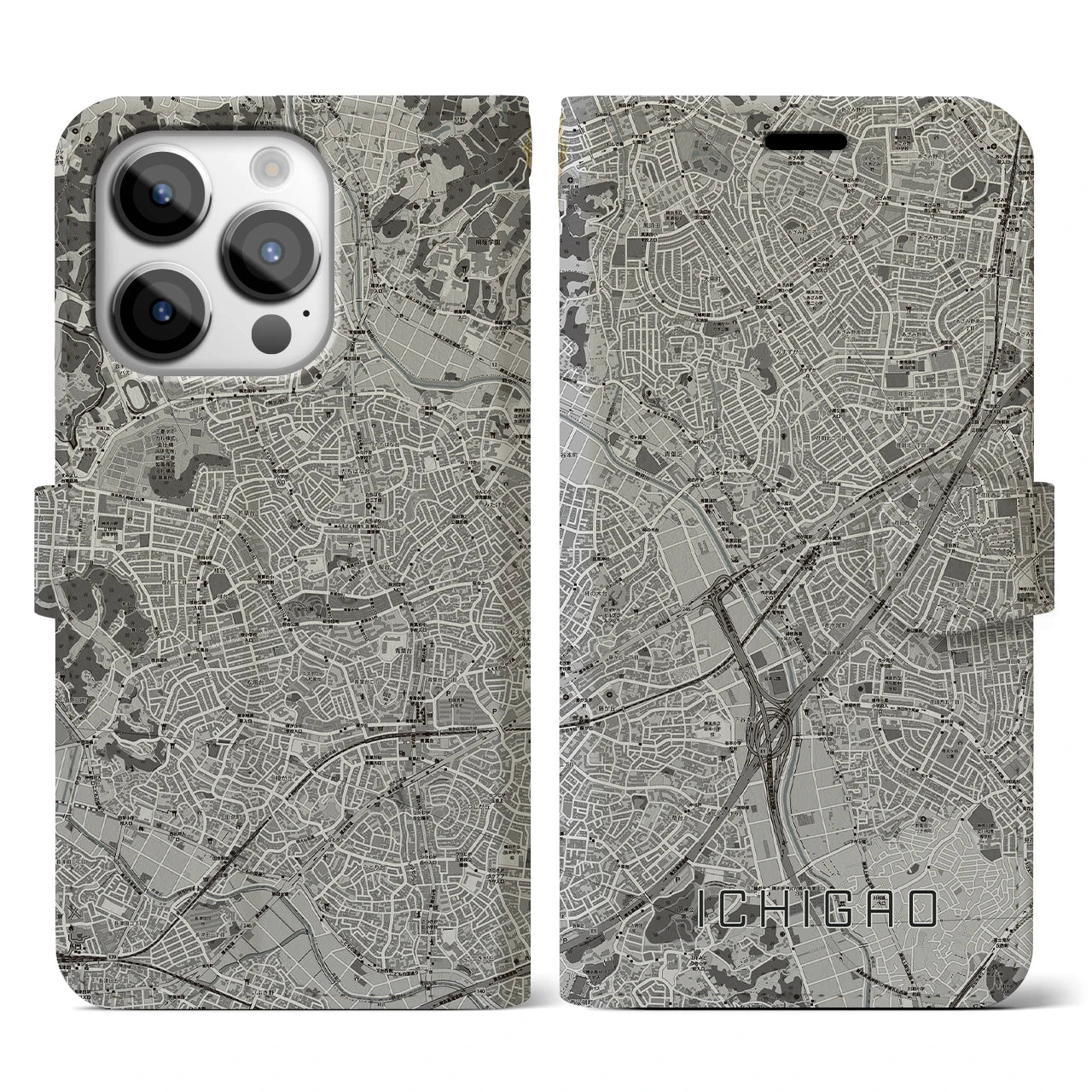【市が尾(神奈川県)】地図柄iPhoneケース(手帳タイプ)モノトーン・iPhone 14 Pro 用