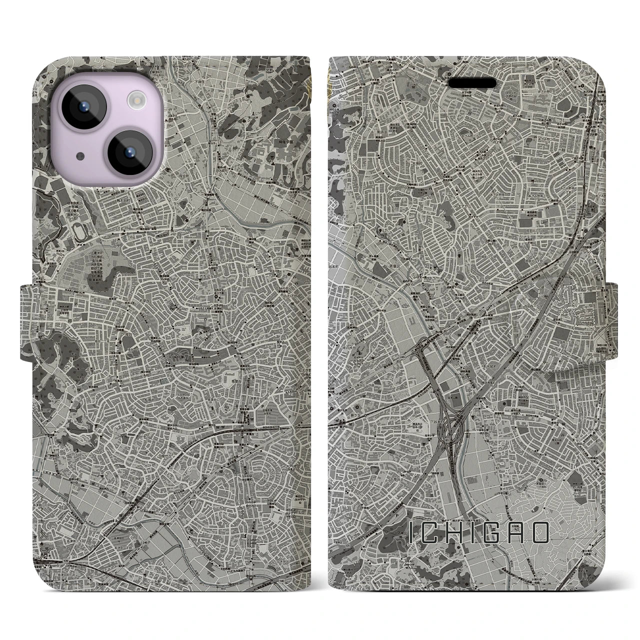【市が尾(神奈川県)】地図柄iPhoneケース(手帳タイプ)モノトーン・iPhone 14 用