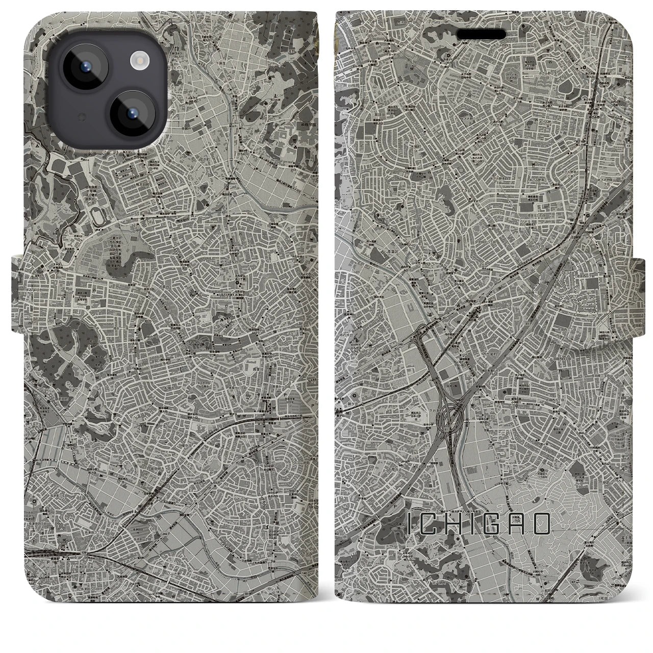 【市が尾(神奈川県)】地図柄iPhoneケース(手帳タイプ)モノトーン・iPhone 14 Plus 用