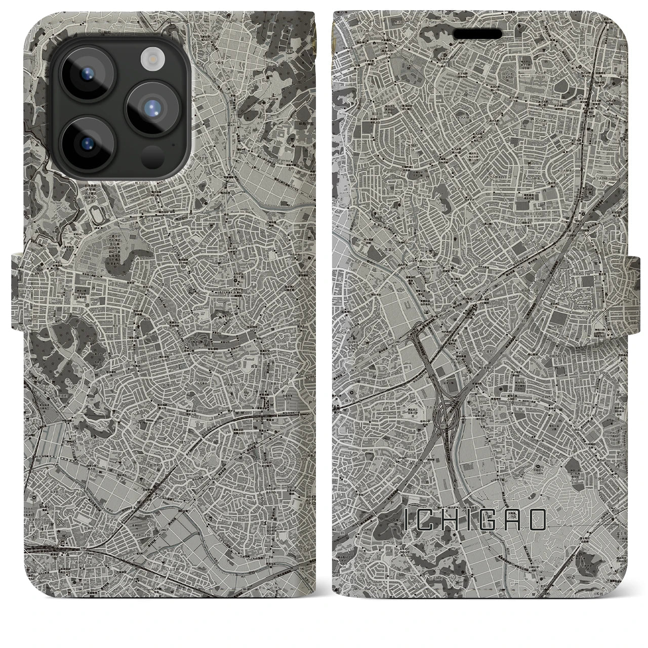 【市が尾(神奈川県)】地図柄iPhoneケース(手帳タイプ)モノトーン・iPhone 15 Pro Max 用