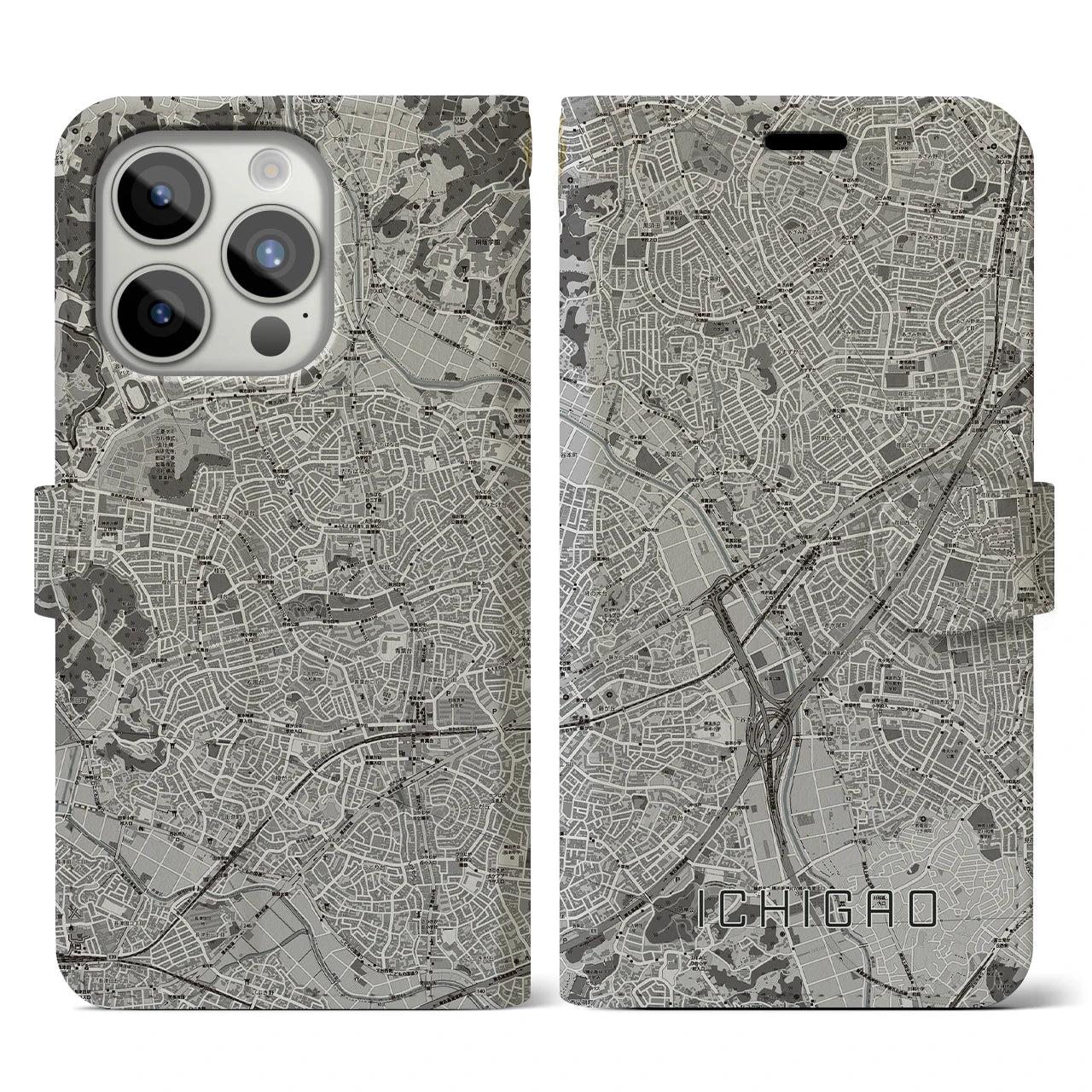 【市が尾(神奈川県)】地図柄iPhoneケース(手帳タイプ)モノトーン・iPhone 15 Pro 用