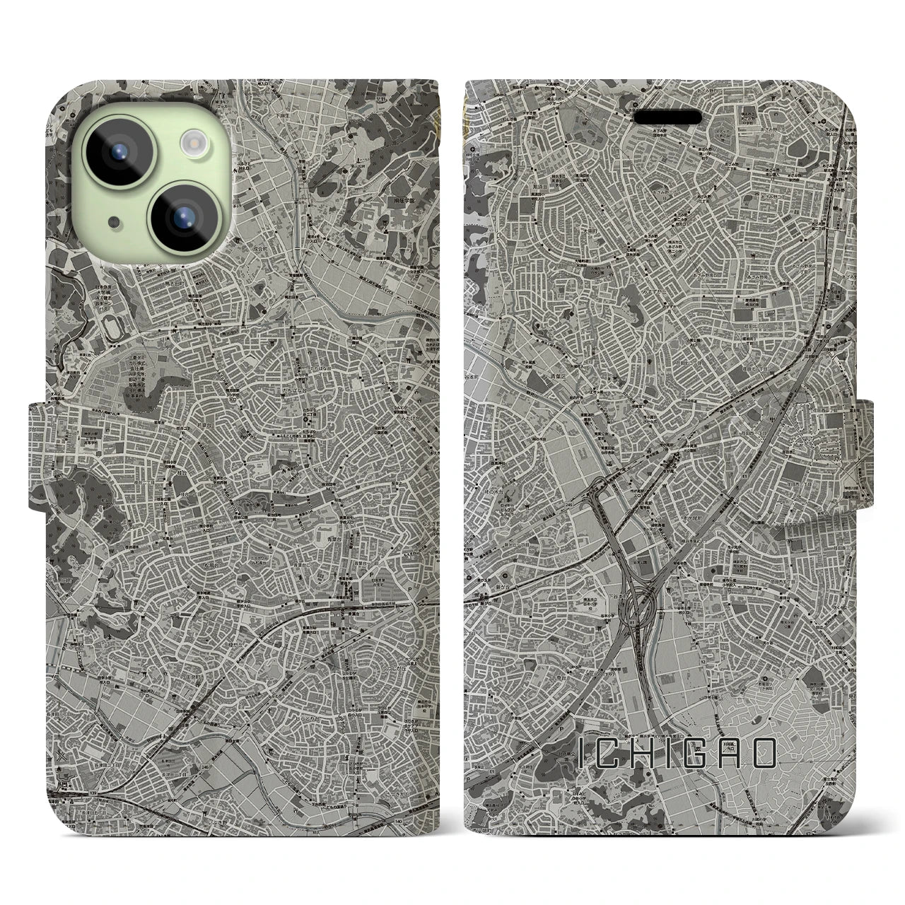 【市が尾(神奈川県)】地図柄iPhoneケース(手帳タイプ)モノトーン・iPhone 15 用