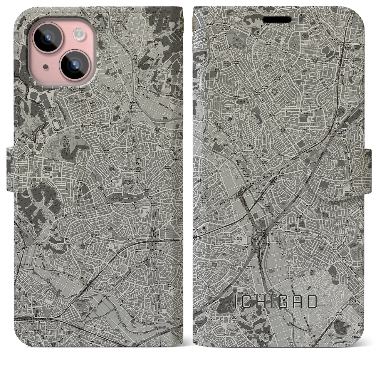 【市が尾(神奈川県)】地図柄iPhoneケース(手帳タイプ)モノトーン・iPhone 15 Plus 用