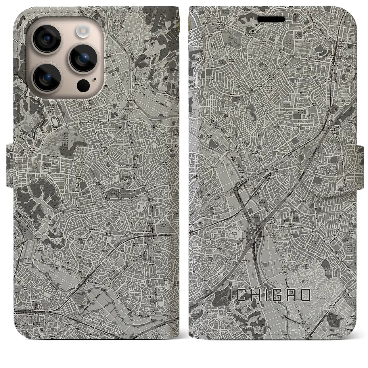 【市が尾(神奈川県)】地図柄iPhoneケース(手帳タイプ)モノトーン・iPhone 16 Plus 用
