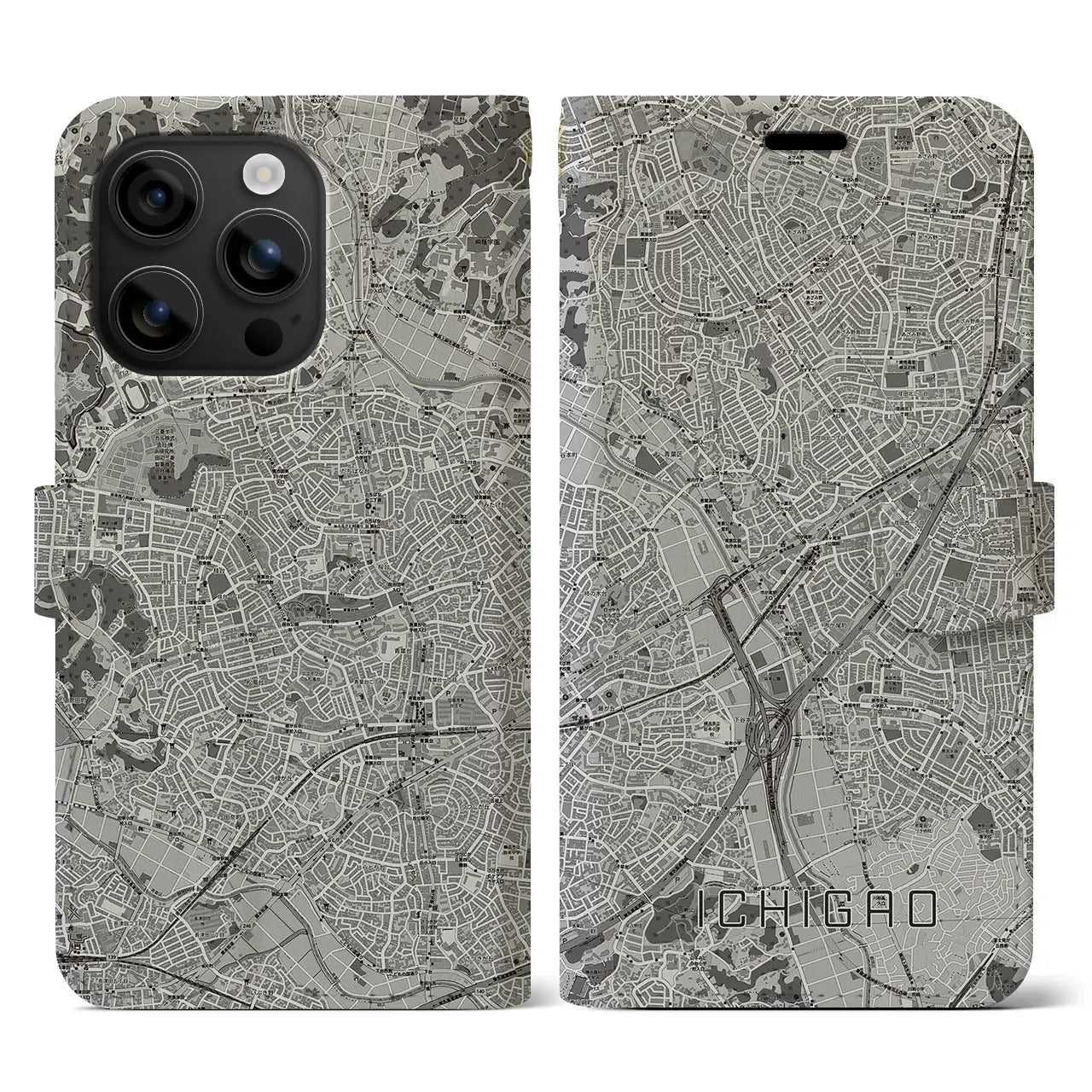 【市が尾(神奈川県)】地図柄iPhoneケース(手帳タイプ)モノトーン・iPhone 16 用