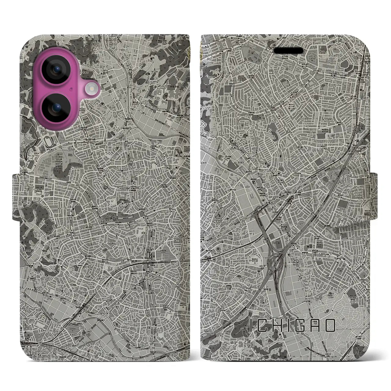 【市が尾(神奈川県)】地図柄iPhoneケース(手帳タイプ)モノトーン・iPhone 16 Pro 用