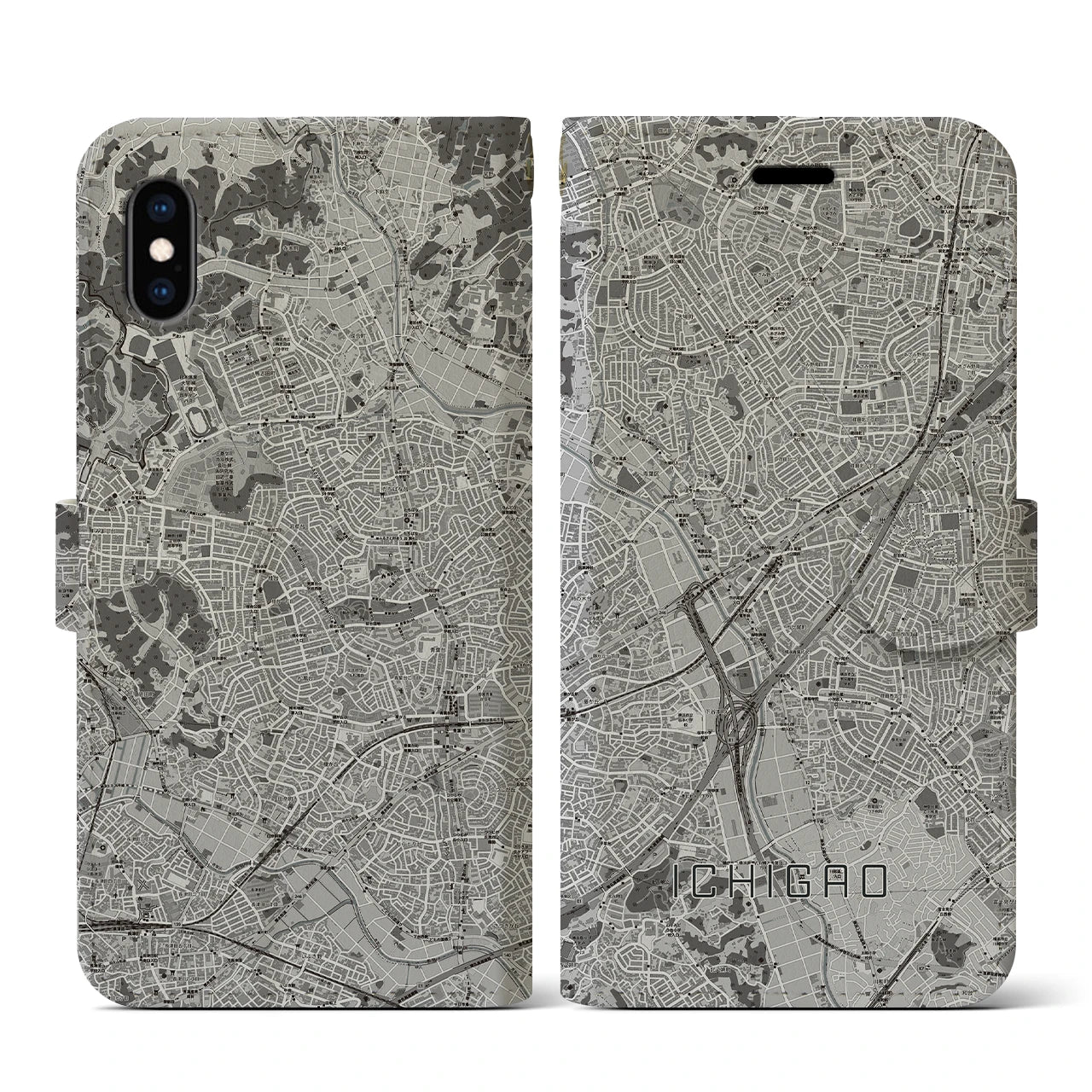 【市が尾(神奈川県)】地図柄iPhoneケース(手帳タイプ)モノトーン・iPhone XS / X 用