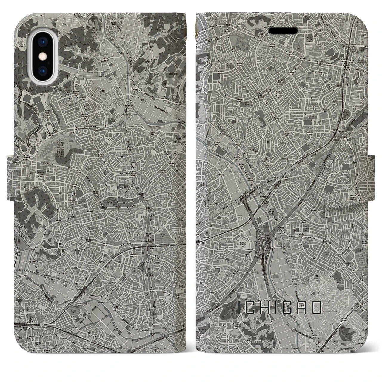 【市が尾(神奈川県)】地図柄iPhoneケース(手帳タイプ)モノトーン・iPhone XS Max 用