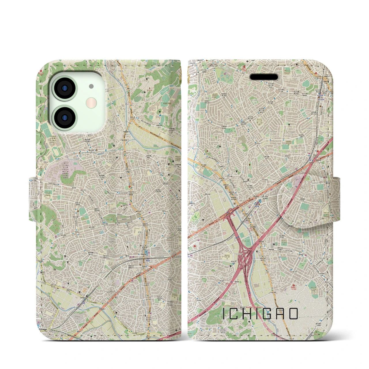 【市が尾(神奈川県)】地図柄iPhoneケース(手帳タイプ)ナチュラル・iPhone 12 mini 用