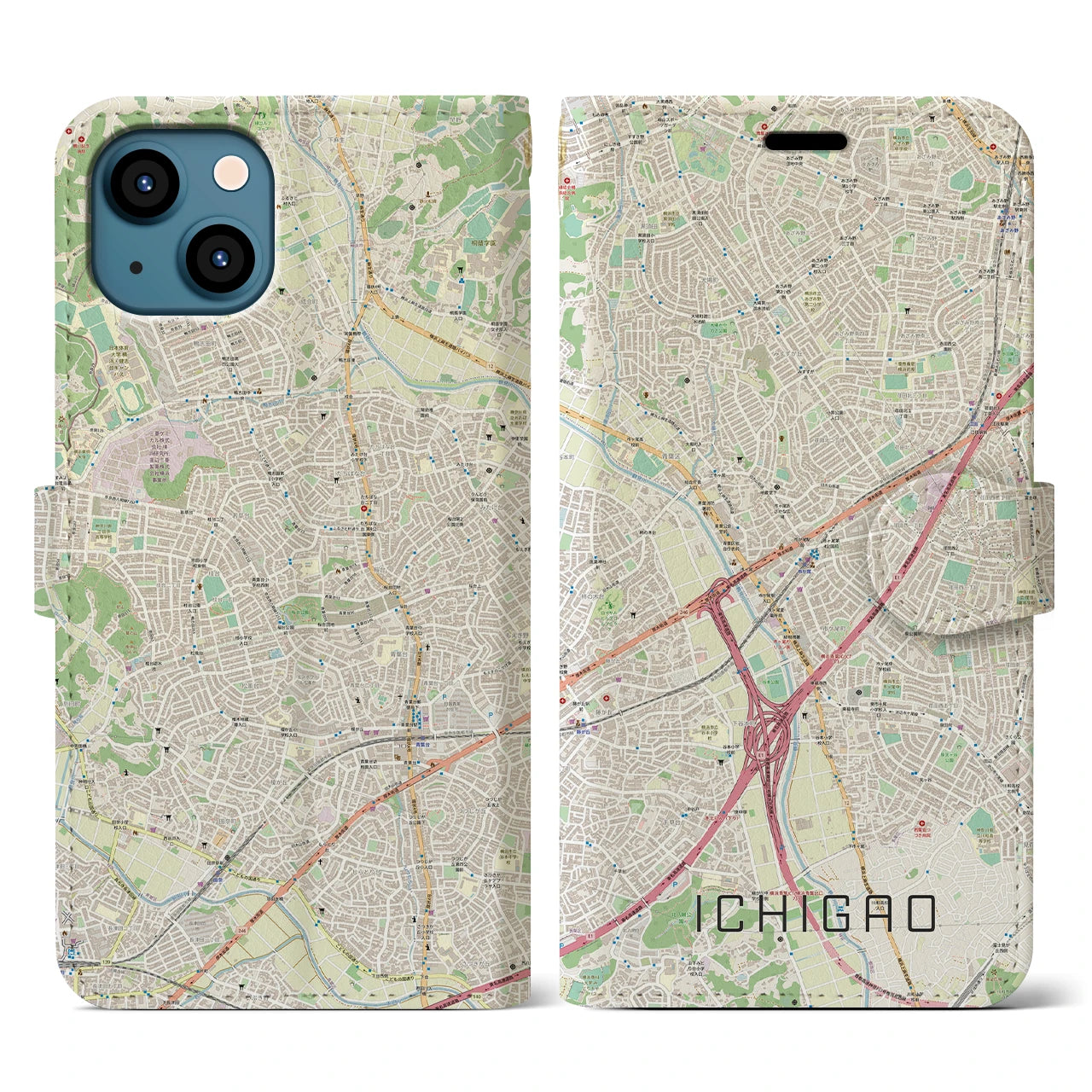 【市が尾(神奈川県)】地図柄iPhoneケース(手帳タイプ)ナチュラル・iPhone 13 用