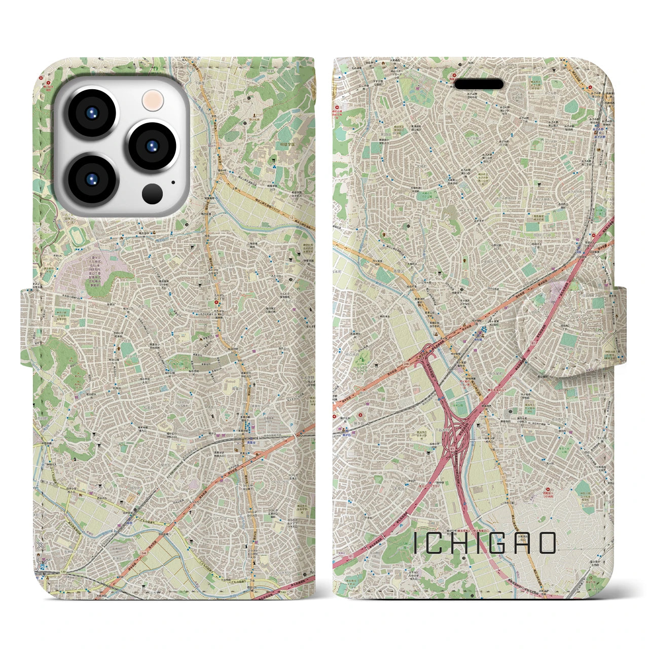【市が尾(神奈川県)】地図柄iPhoneケース(手帳タイプ)ナチュラル・iPhone 13 Pro 用